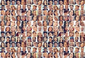 Composite image of a large group of diverse people smiling