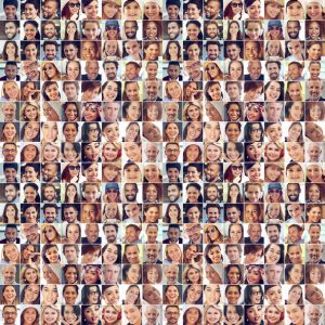 Composite image of a large group of diverse people smiling